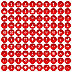100 trophy and awards icons set in red circle isolated on white vector illustration