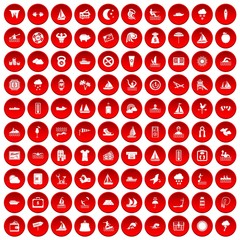 100 water sport icons set in red circle isolated on white vector illustration