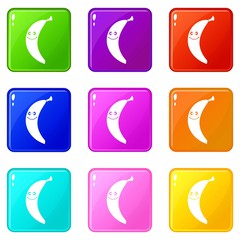 Smiling banana icons of 9 color set isolated vector illustration
