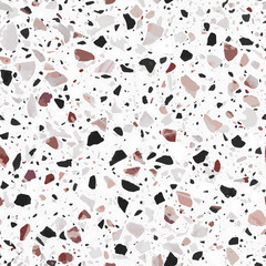 Terrazzo flooring vector seamless pattern in light grey colors with red accents. Classic italian type of floor in Venetian style composed of natural stone, granite, quartz, marble, glass and concrete - 211359148