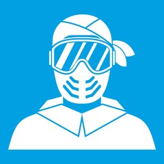 Paintball player wearing protective mask icon white isolated on blue background vector illustration