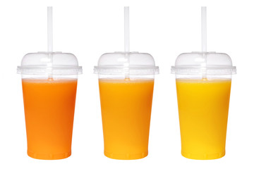 Transparent glass with fresh juice isolated on white background. Orange juice.