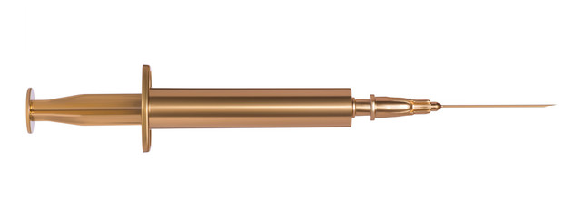 Golden syringe isolated on white background. Medical item.