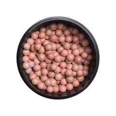 Box with bronzing face pearls make up powder isolated on a white background.