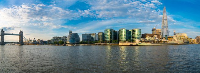 Panorama of London landmarks including Tower Bridge,  city hall and skyscraper