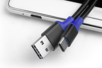 cable usb c type-c a new 3.0. photo with phone connectors and input connector in the phone