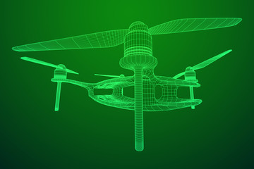 Remote control air drone. Dron flying with action video camera. Wireframe low poly mesh vector illustration