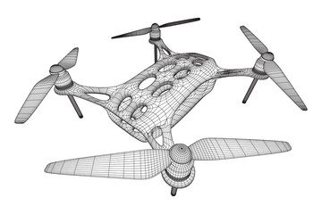 Remote control air drone. Dron flying with action video camera. Wireframe low poly mesh vector illustration