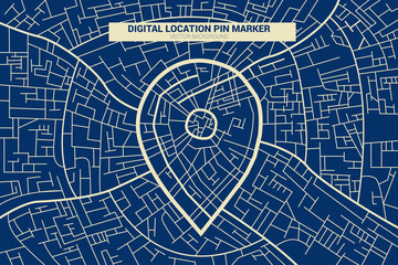 Location pin marker signage pixel style with city background: GPS Technology concept