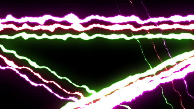 loopable PURPLE GREEN RED neon Lightning bolt STAR symbol shape flight on black background animation new quality unique nature light effect video footage