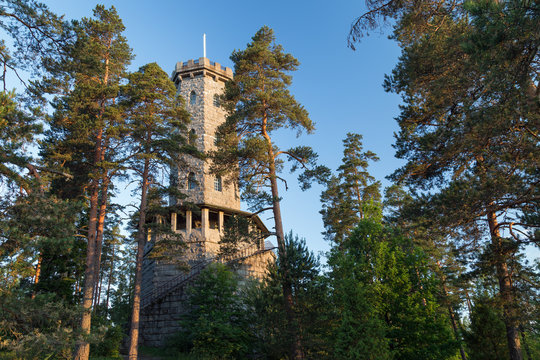 Aulanko lookout tower and lush trees at the Aulanko nature reserve in H&auml;meenlinna, Finland, on a sunny morning in the summer.