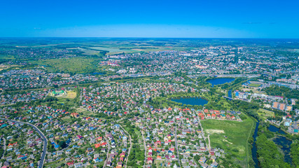 city at sunset from the drone