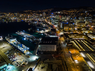 Wellington Harbor Traffic, Night Aerial View 
