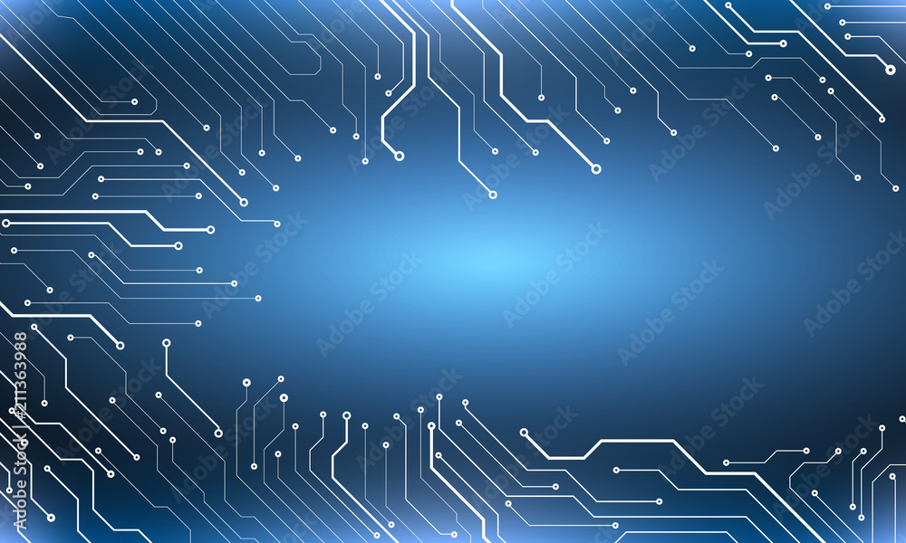 Poster Circuit Board Hi Scifi Future Technology Pattern For Presentation Infographic Vector Background. White Abstract Line Connection Trace Pad Texture Illustration.