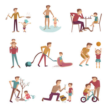Father and son activities set cartoon vector illustration