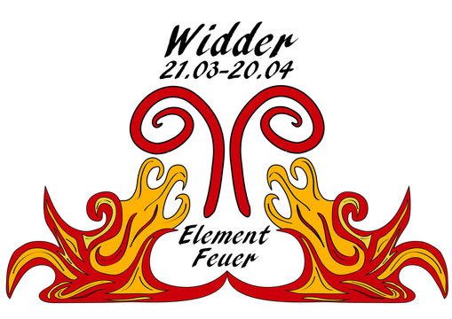 Sternzeichen Widder, mit deutschem Text: Widder, Datum, Element Feuer. Vektorgrafik eps10