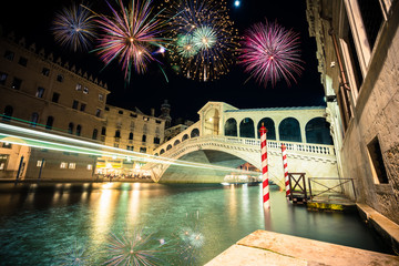 Rialto bridge and Garnd Canal with fireworks in Venice, Italy