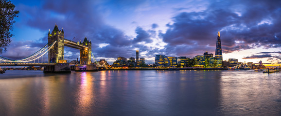Panorama of London landmarks at blue hour, England 