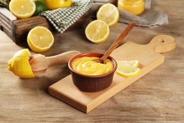 Delicious lemon curd in a bowl on the table