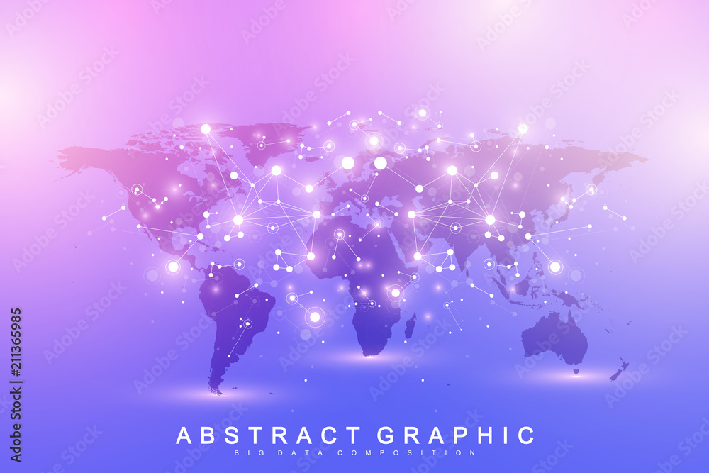 Leinwandbilder Vector template World map with global technology networking concept. Global network connections. Artificial Intelligence and Machine Learning Concept. Big Data background communication.
