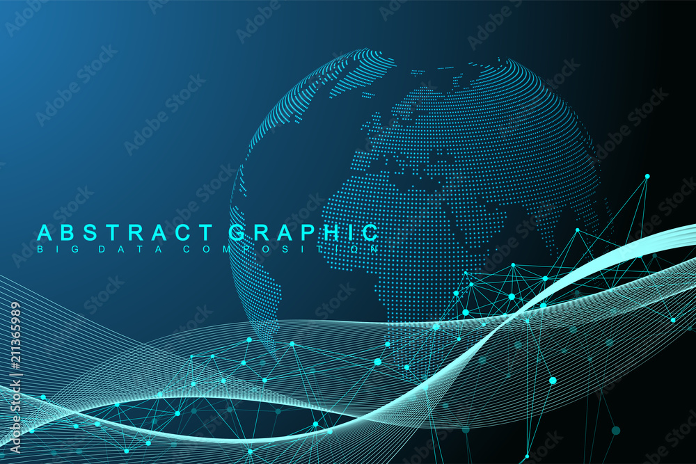 Fototapete Big data visualization. Graphic abstract background communication. Perspective backdrop. Minimal array. Digital data visualization. Representing the global, international meaning. Vector illustration.