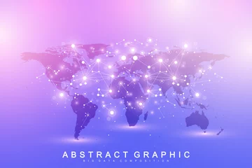 Poster Vector template World map with global technology networking concept. Global network connections. Artificial Intelligence and Machine Learning Concept. Big Data background communication. © BAIVECTOR