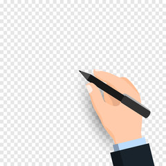 Hand holding pen and writing isolated on transparent background. Businessman hand with pen writing on Transparency only in vector file - Vector illustration