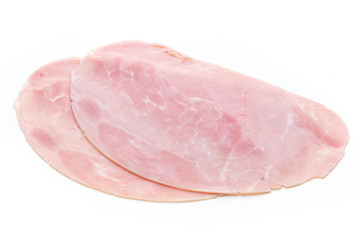 Sliced boiled ham sausage isolated on white background, top view.
