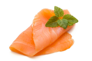 Fresh salmon slice and spice on the white background.
