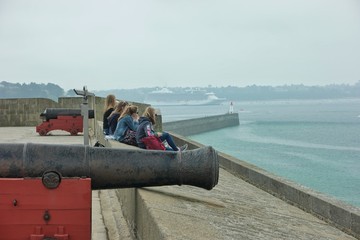 June 2, 2018 Saint-Malo, France . Group of schoolchildren on excursions at the observation deck of the waterfront.