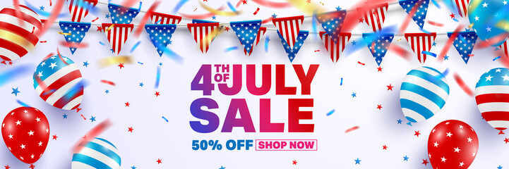 4th of July Sale poster template.USA independence day celebration with American balloons flag.USA 4th of July sale promotion advertising banner template for Brochures,Poster or Banner - obrazy, fototapety, plakaty