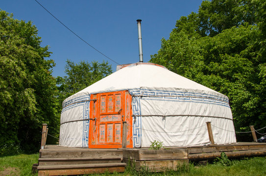 yurta with national Mongolian patterns in summer day