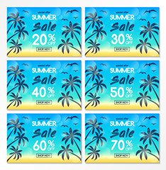 Summer Sale - collection of colourful banners with tropical palms. Vector.