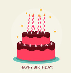 Happy Birthday Poster Background with Cake. Vector Illustration
