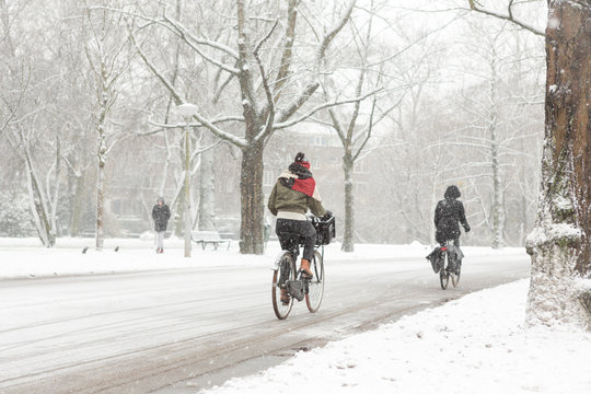 Woman biking in a snowy Amsterdam Vondelpark.