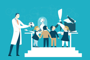 Scientist showing to the grope of children robot creation process. Educational concept illustration