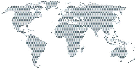 Map of the world made of gray dots. Dotted silhouette, outline and surface of the Earth under Robinson projection. Dots in a row. Isolated illustration on white background. Vector.