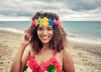 Beautiful Hawaiian woman portrait smiling widely