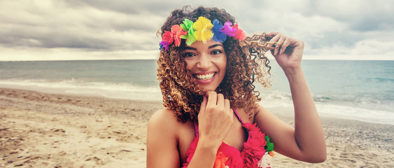 Gorgeous Hawaiian woman on the beach, letterbox
