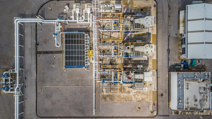 Aerial top view natural gas pipeline, gas industry, gas transport system, stop valves and...