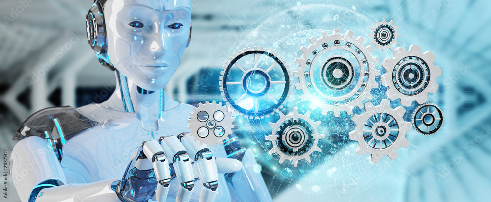 Fototapete white humanoid robot using digital gears 3d rendering