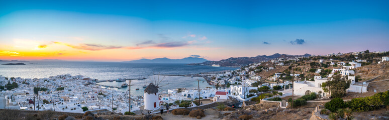 Panoramic view over Mykonos town at sunset