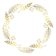 Doodle berry and leaf circle frame on a black background. Wreath of golden leaves. Ready template for design, postcards, printing.