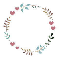 Doodle heart and leaf circle frame on a black background. Wreath of leaves. Ready template for design, postcards, printing.