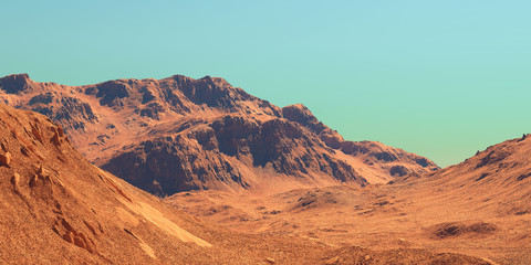 Fototapeta na wymiar Mars landscape, 3d render of imaginary mars planet terrain, science fiction illustration.