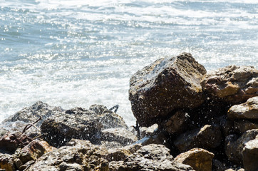Amazing sea with blue summer wave and rocks, relaxing view of rocks and water