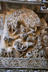 Sculpture of Goddess Sarswati dancing, Hoysaleshwara temple, Halebidu, Karnataka. view from West.