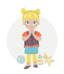 Little girl with big eyes that holding hands together, some toys on background