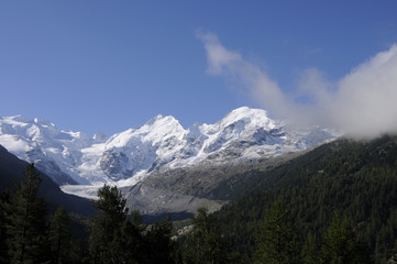 Swiss Alps: The melting Morteratsch Glacier in the upper Engadin