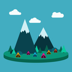 Camping Vector illustration Landscape in flat style with many tent, trees, mountains and clouds Template for summer camping posters, tourism banners